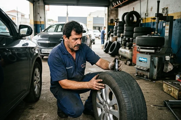Profissional fazendo a inspeção de pneus em Canoas.